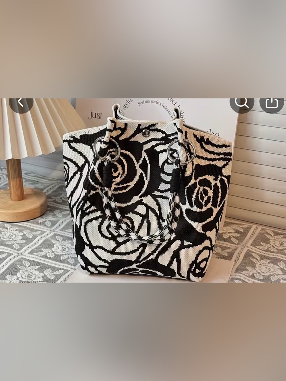 Black & White Floral Mini Knit Tote Bag - Women